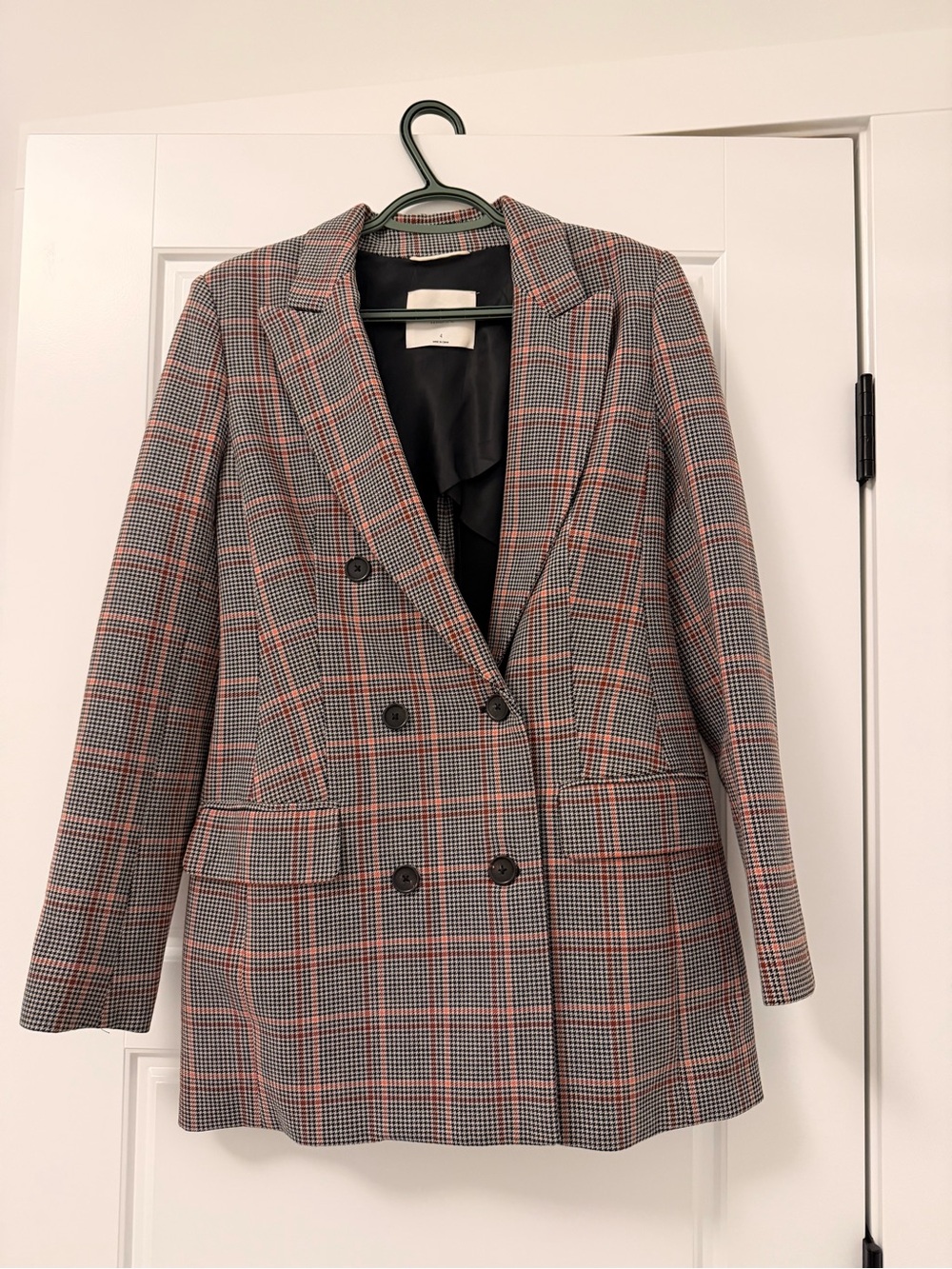 Aritzia Wilfred Checked Double-Breasted Blazer Jacket in Gray and Pink